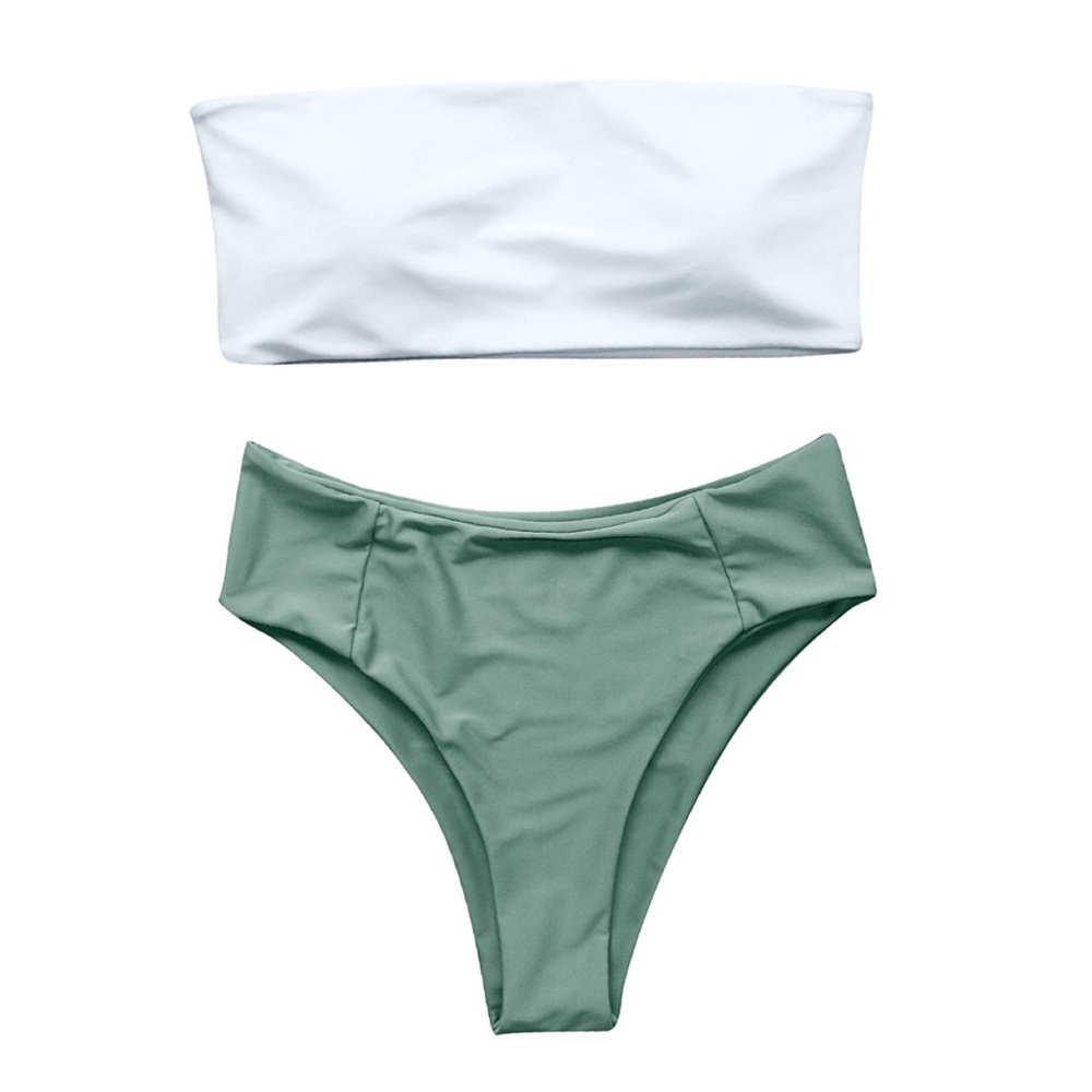 High Waisted Bikini - White Bandeau, Green Bottoms